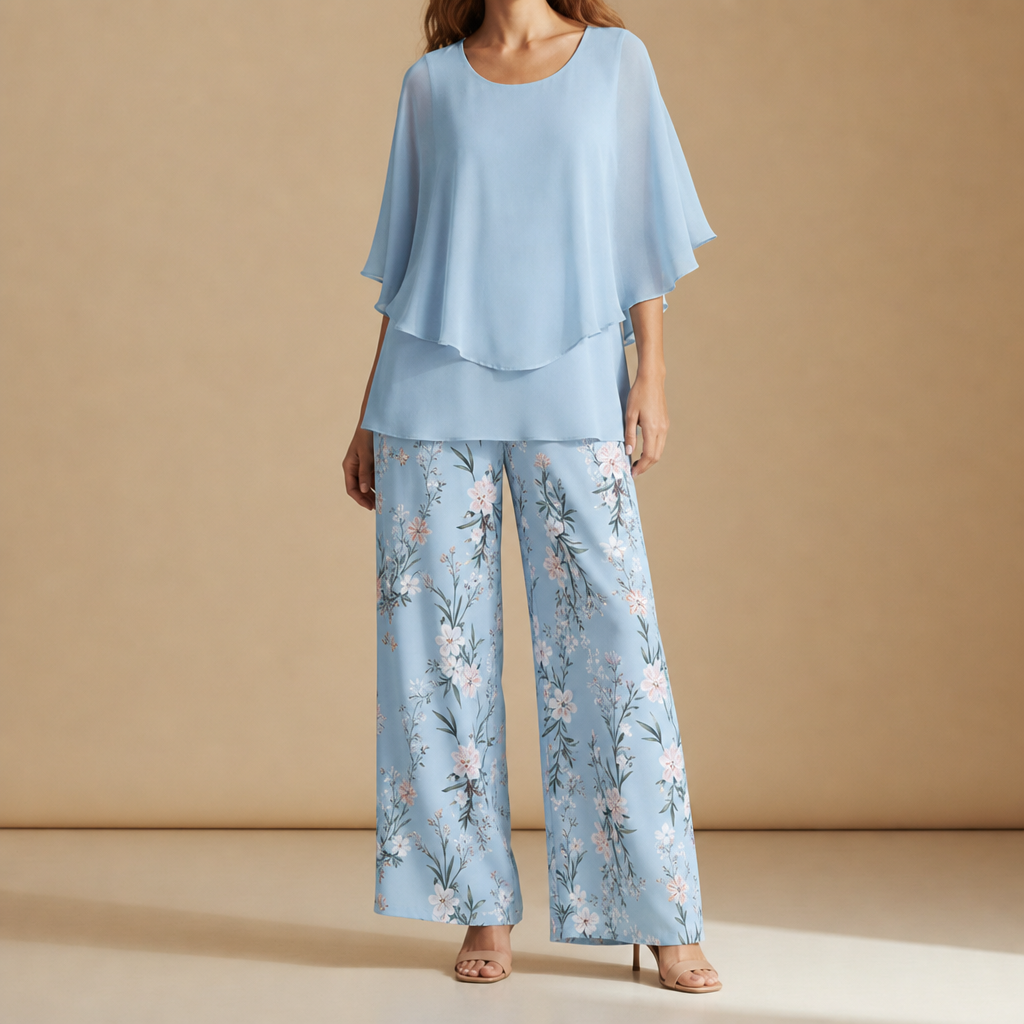 Marenzo Floral Chiffon Two-Piece Set in Powder Blue Floral