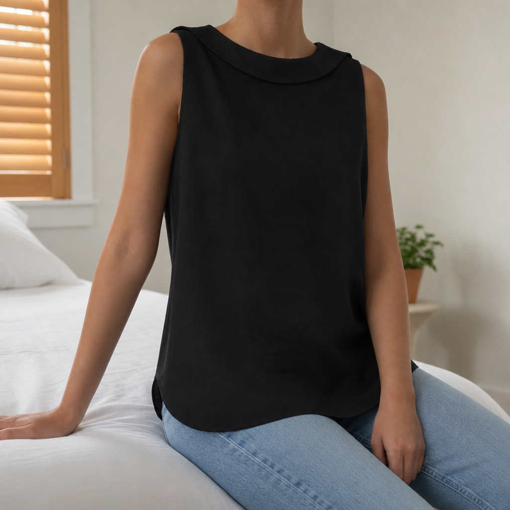 Delphi Roll Collar Sleeveless Blouse in Black
