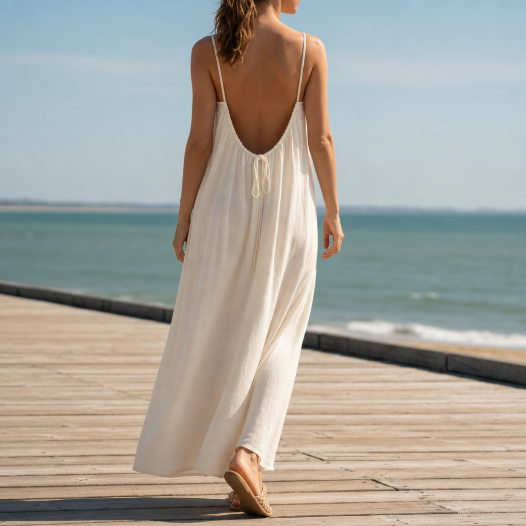 Erice Backless Linen Maxi Dress in Cream