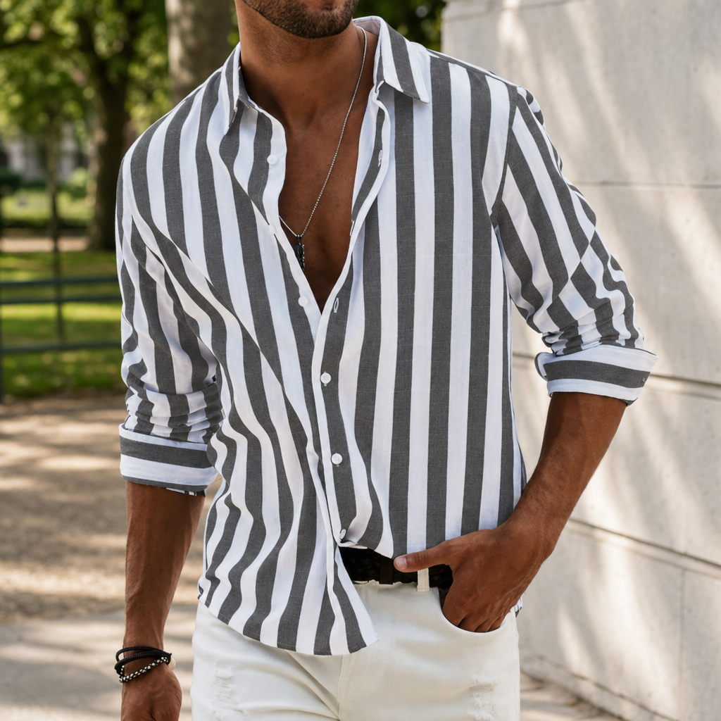 Olviera Striped Linen Button-Up in Dark Gray