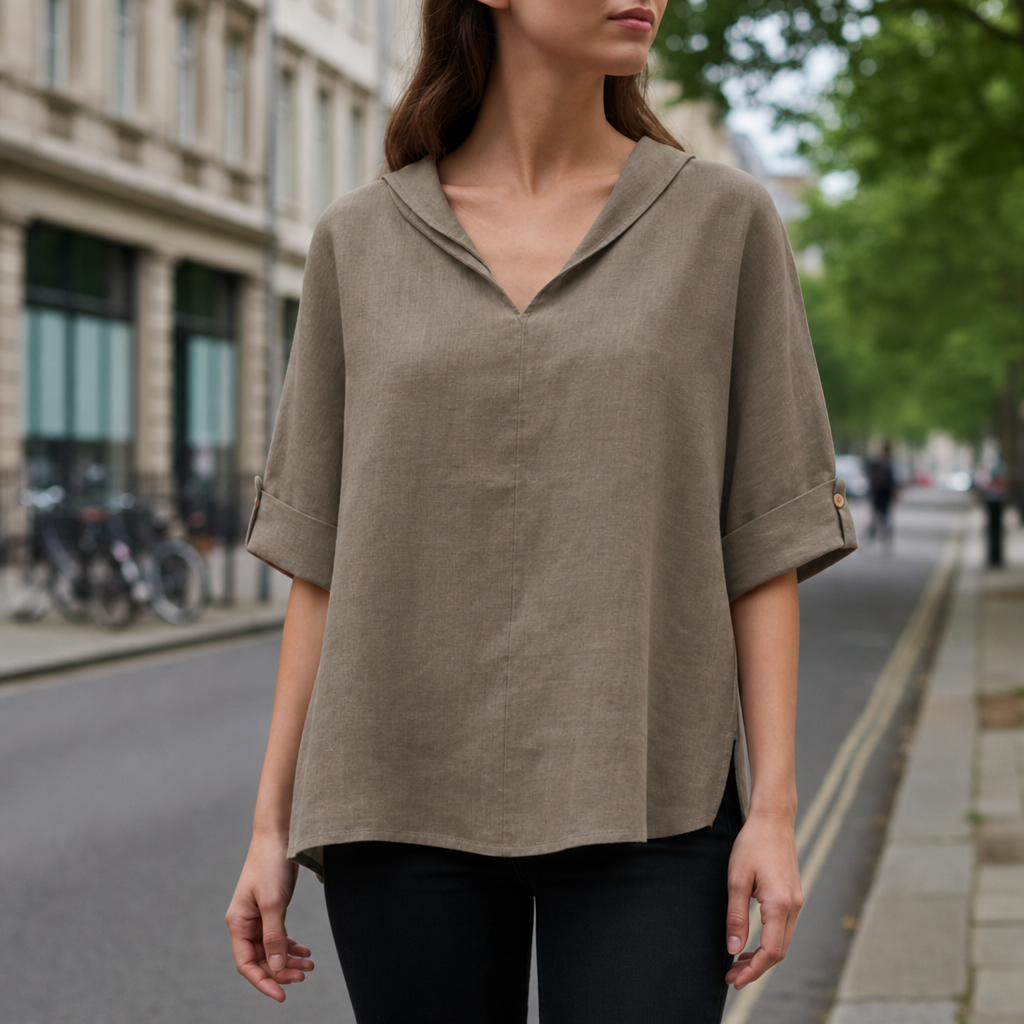 Ferrara V-Neck Linen Blouse in Khaki