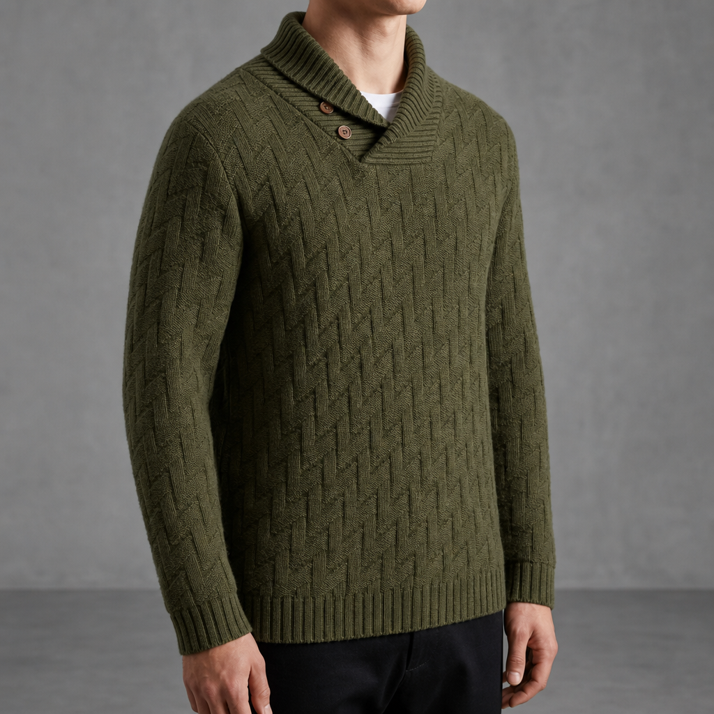 Soller Shawl Collar Knit Sweater in Olive Green