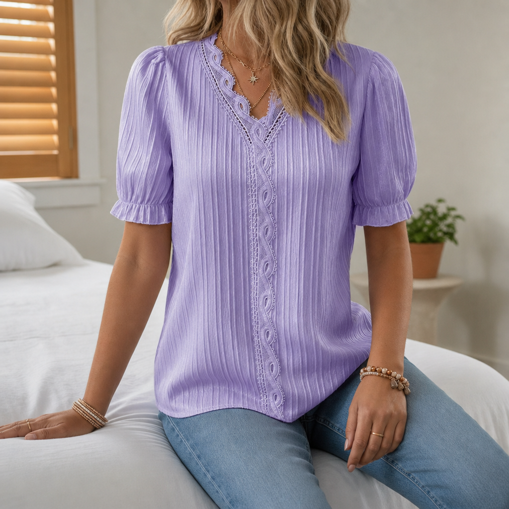 Porec Lace Trim V-Neck Blouse in Purple