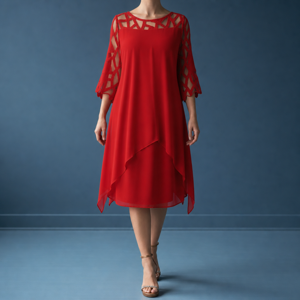 Gallipoli Lace Sleeve Chiffon Dress in Red