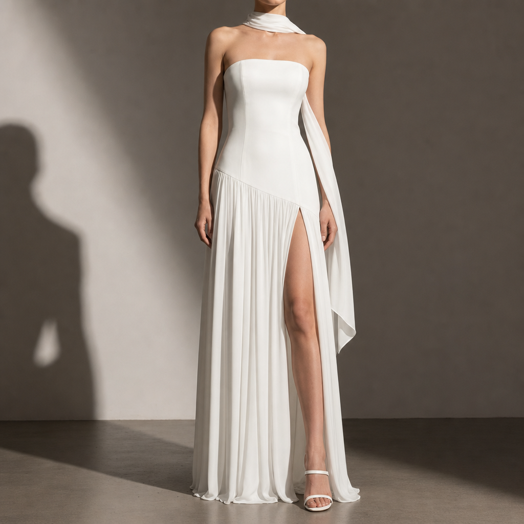 Leros Strapless Slit Maxi Dress in White