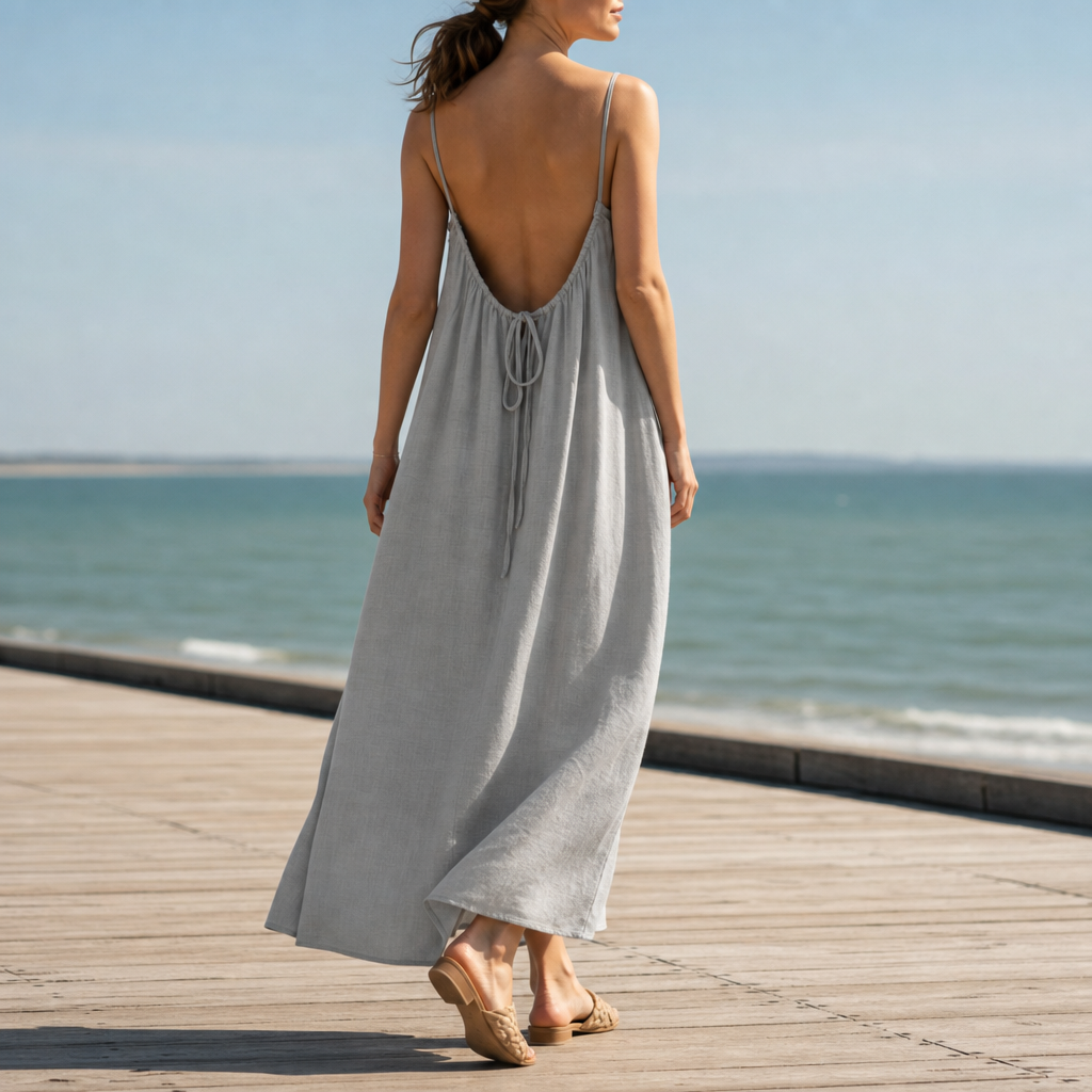 Erice Backless Linen Maxi Dress in Light Gray