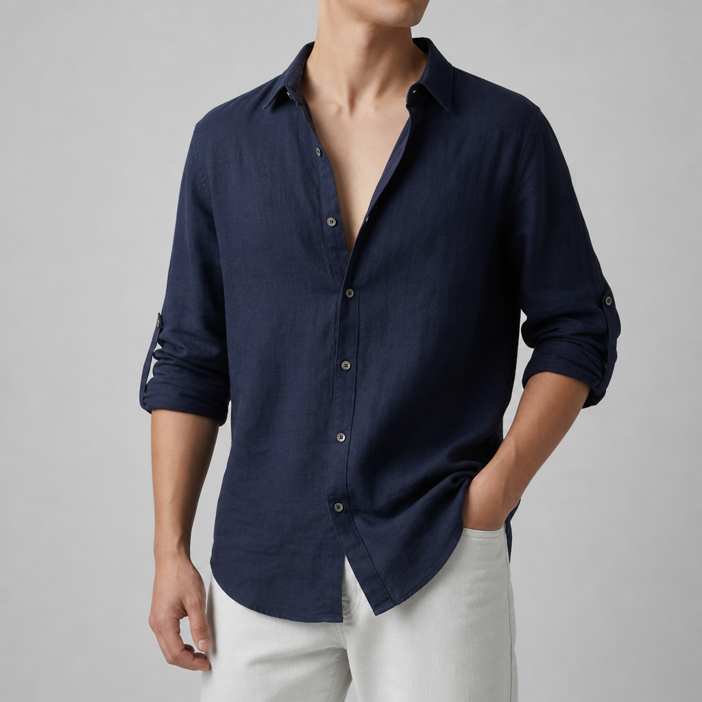 Fiesole Linen Open Collar Shirt in Navy