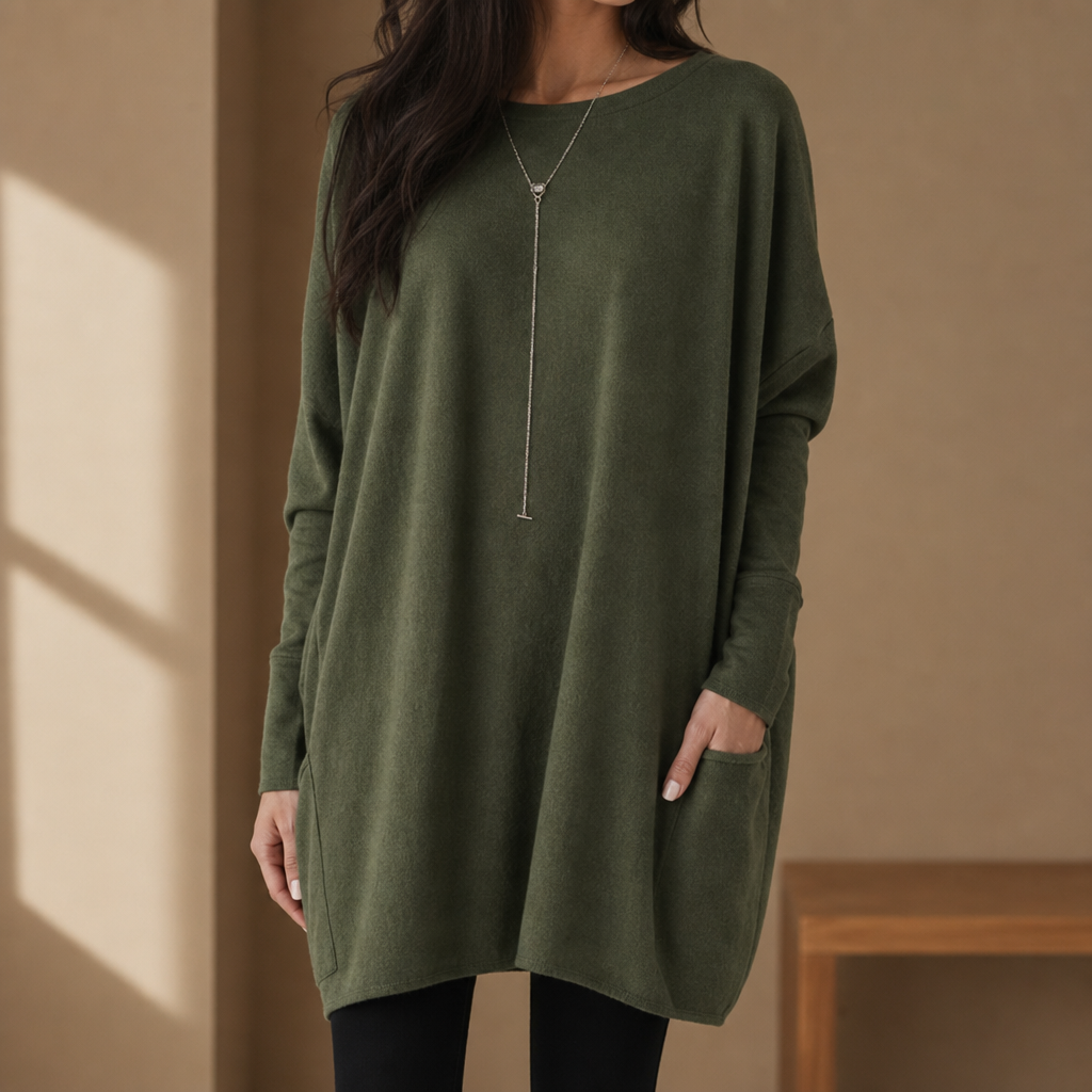 Sarentina Relaxed Pocket Tunic Sweater in Olive Green
