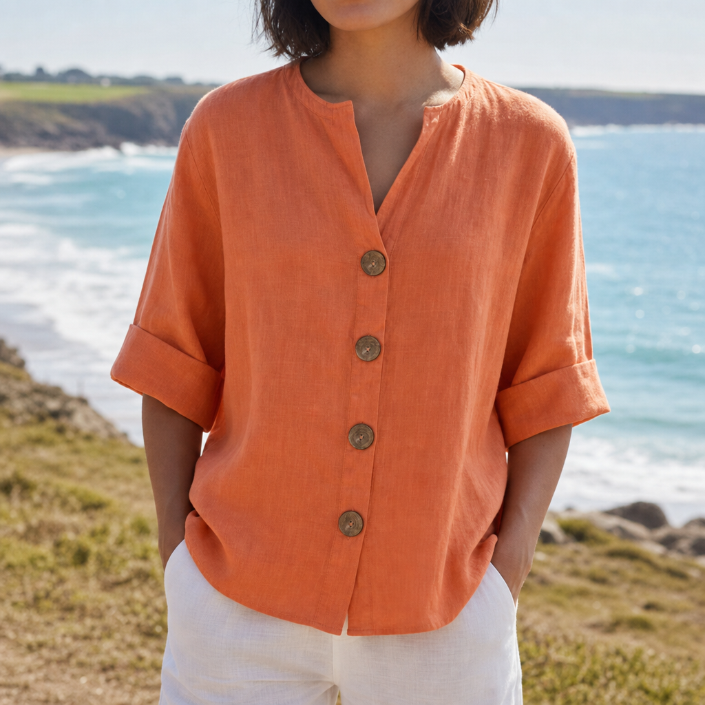 Rabat Linen Button-Up Blouse in Orange