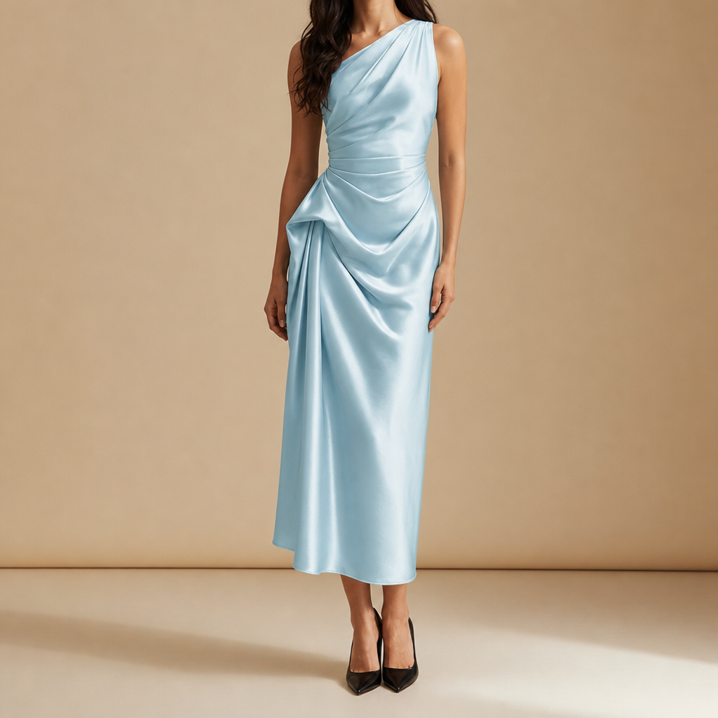 Figueres Ruched Satin Midi Dress in Sky Blue