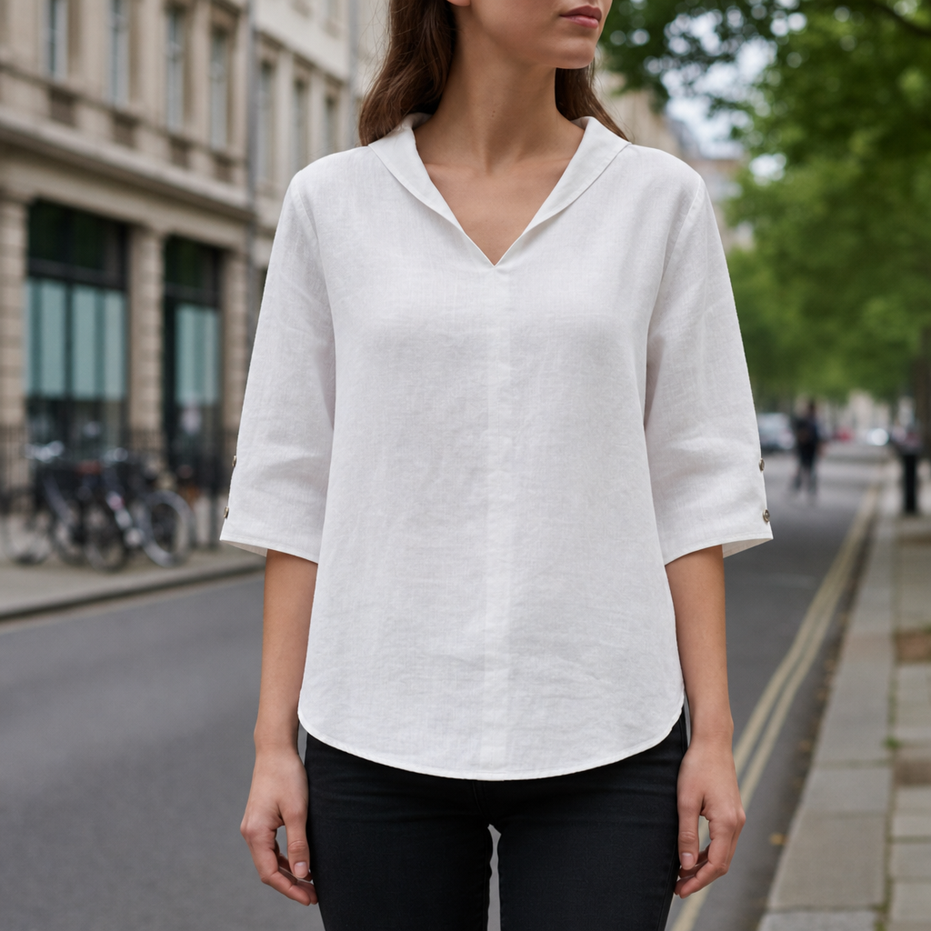 Ferrara V-Neck Linen Blouse in White
