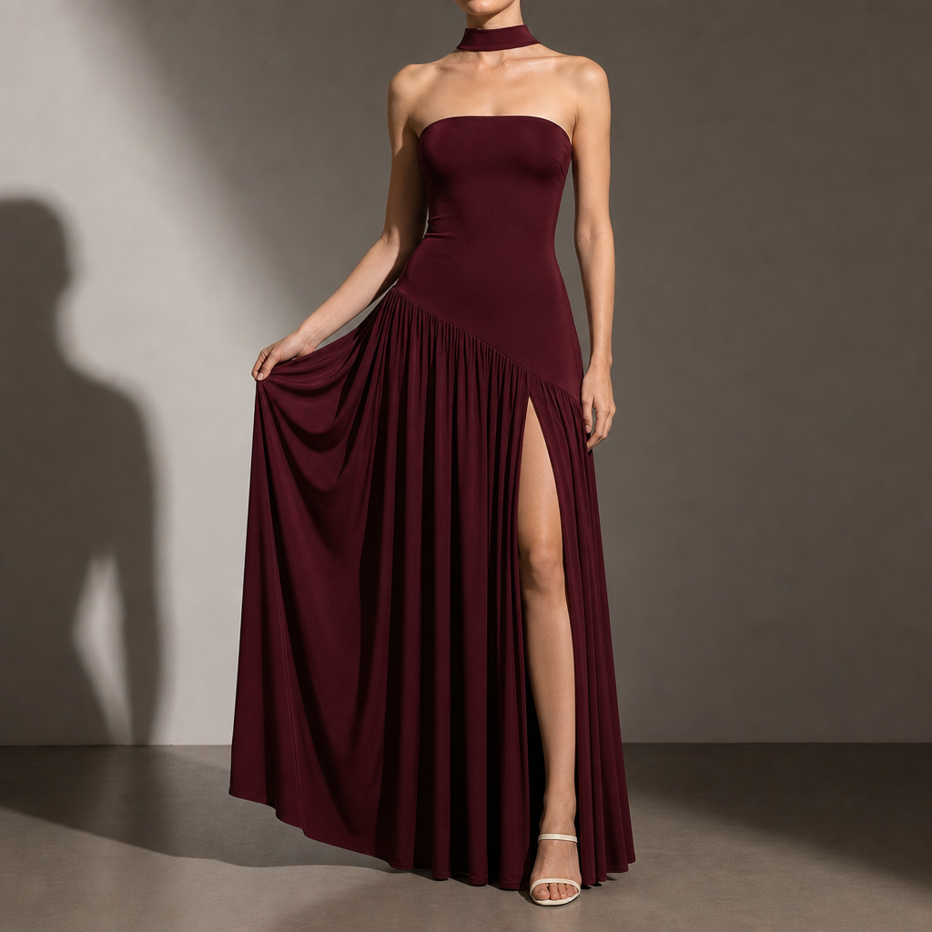 Leros Strapless Slit Maxi Dress in Wine Red