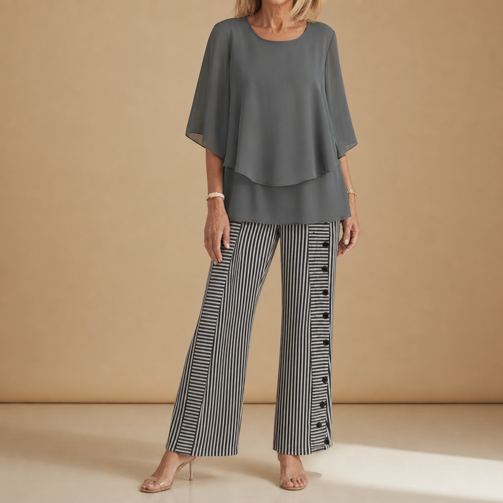 Marenzo Floral Chiffon Two-Piece Set in Gray