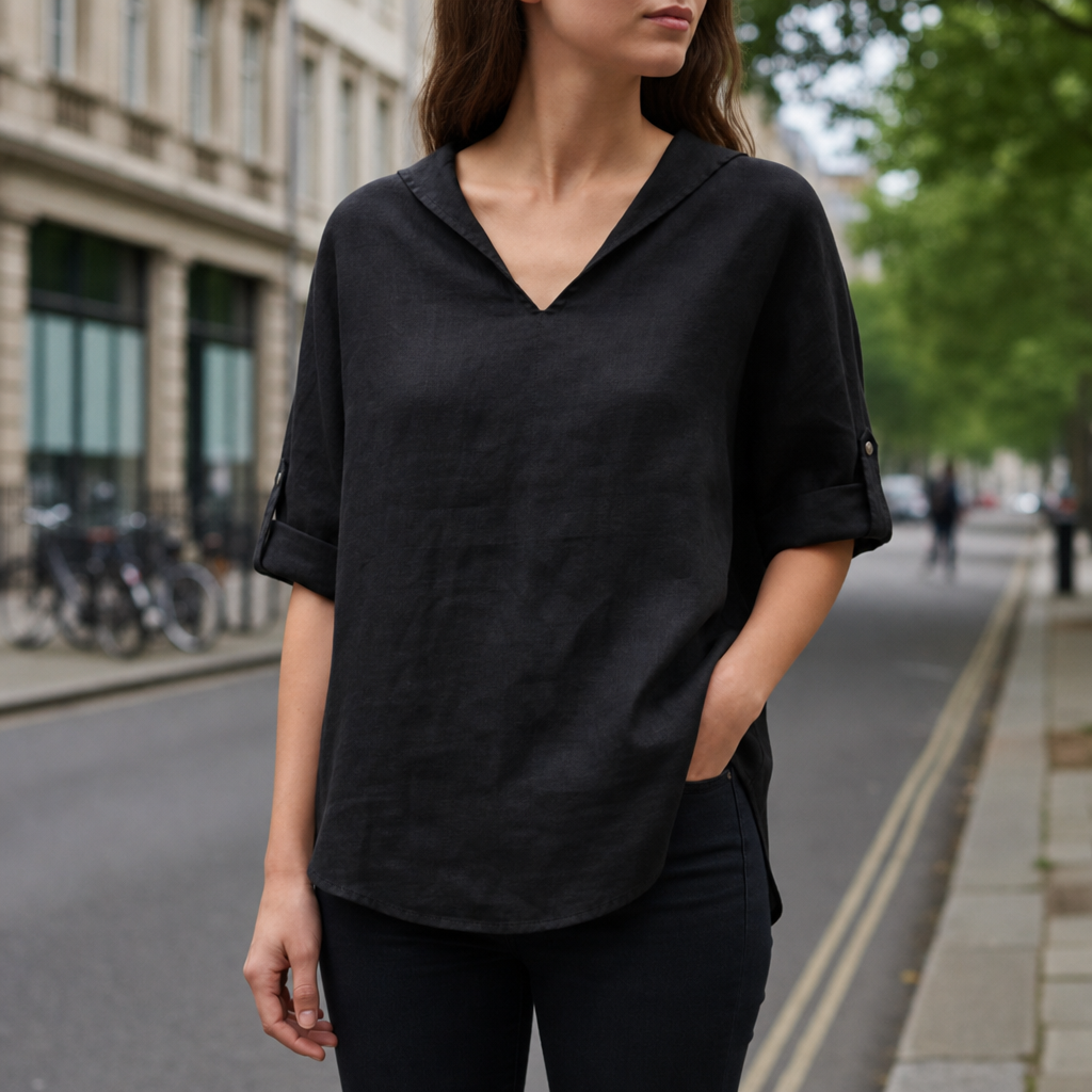 Ferrara V-Neck Linen Blouse in Black