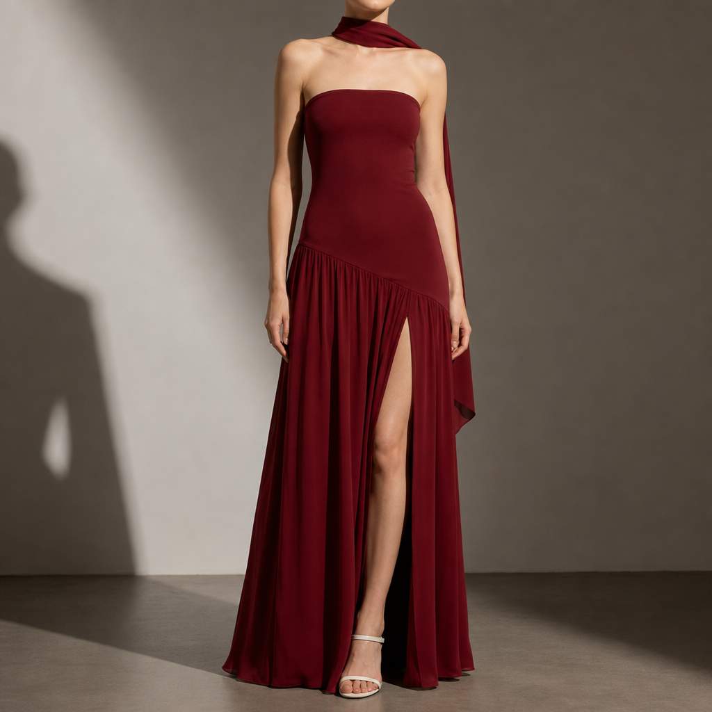Leros Strapless Slit Maxi Dress in Red