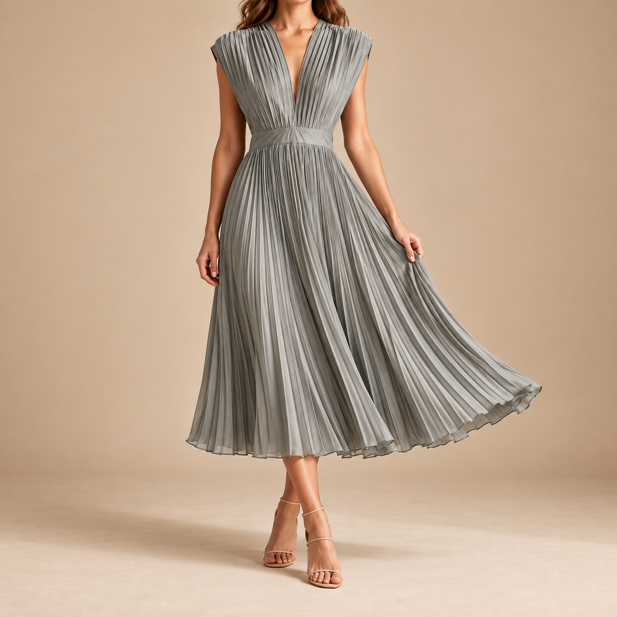 Bergamo Pleated V-Neck Midi Dress