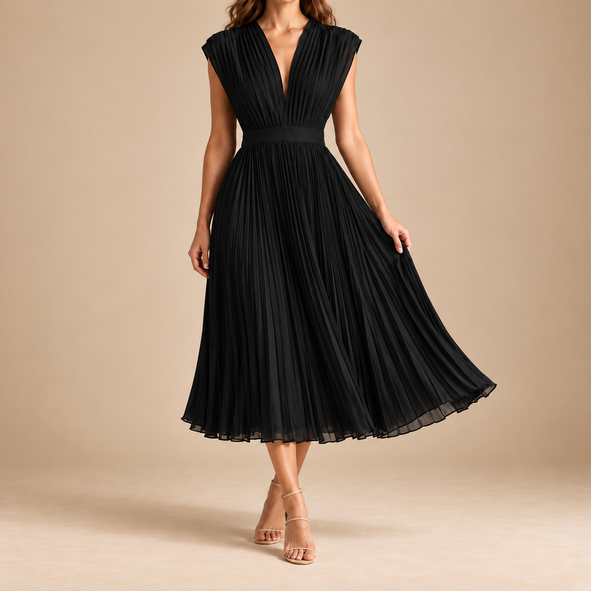 Bergamo Pleated V-Neck Midi Dress