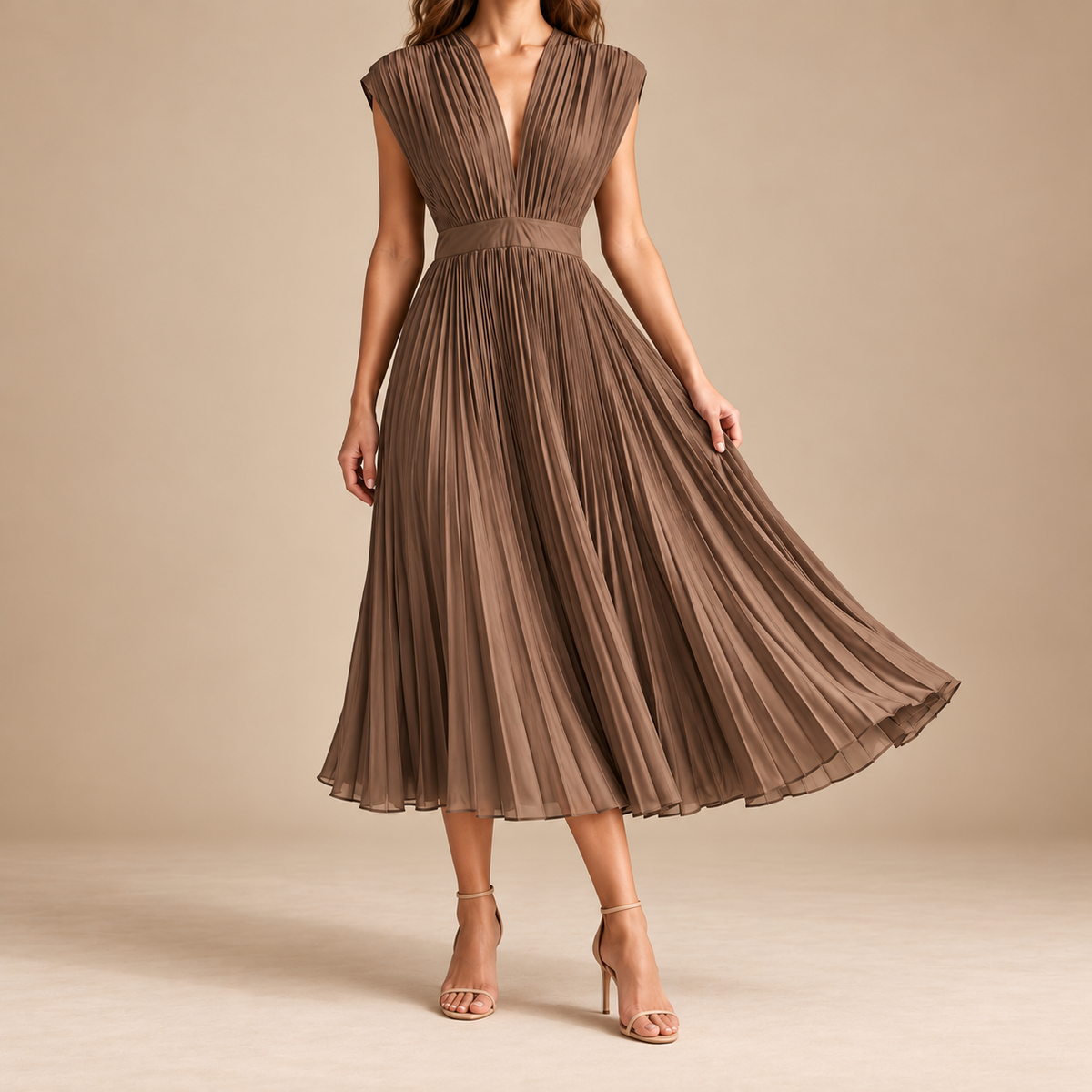 Bergamo Pleated V-Neck Midi Dress