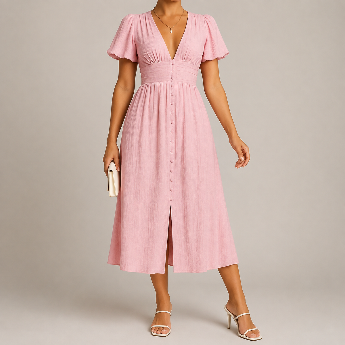 Roquebrune Buttoned V-Neck Midi Dress