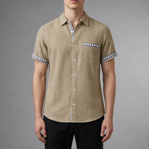 Aegina Gingham Contrast Cuff Shirt in Khaki