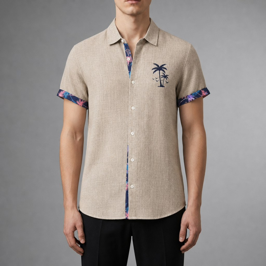 Aegina Gingham Contrast Cuff Shirt in Beige-Tree