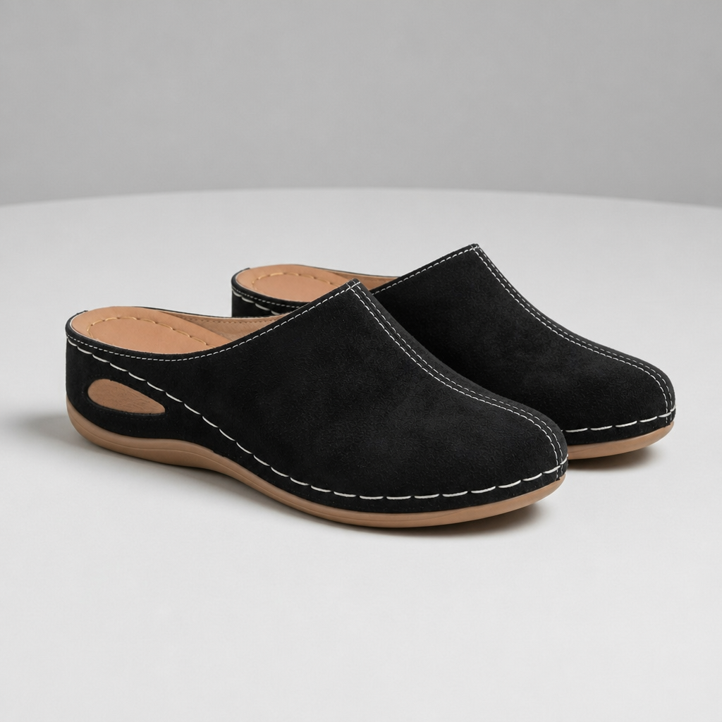 Alicante Orthopedic Leather Mules in Black