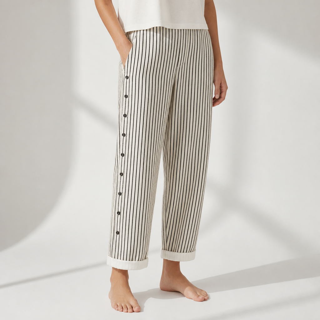 Amarante Striped Button Wide-Leg Pants in Black
