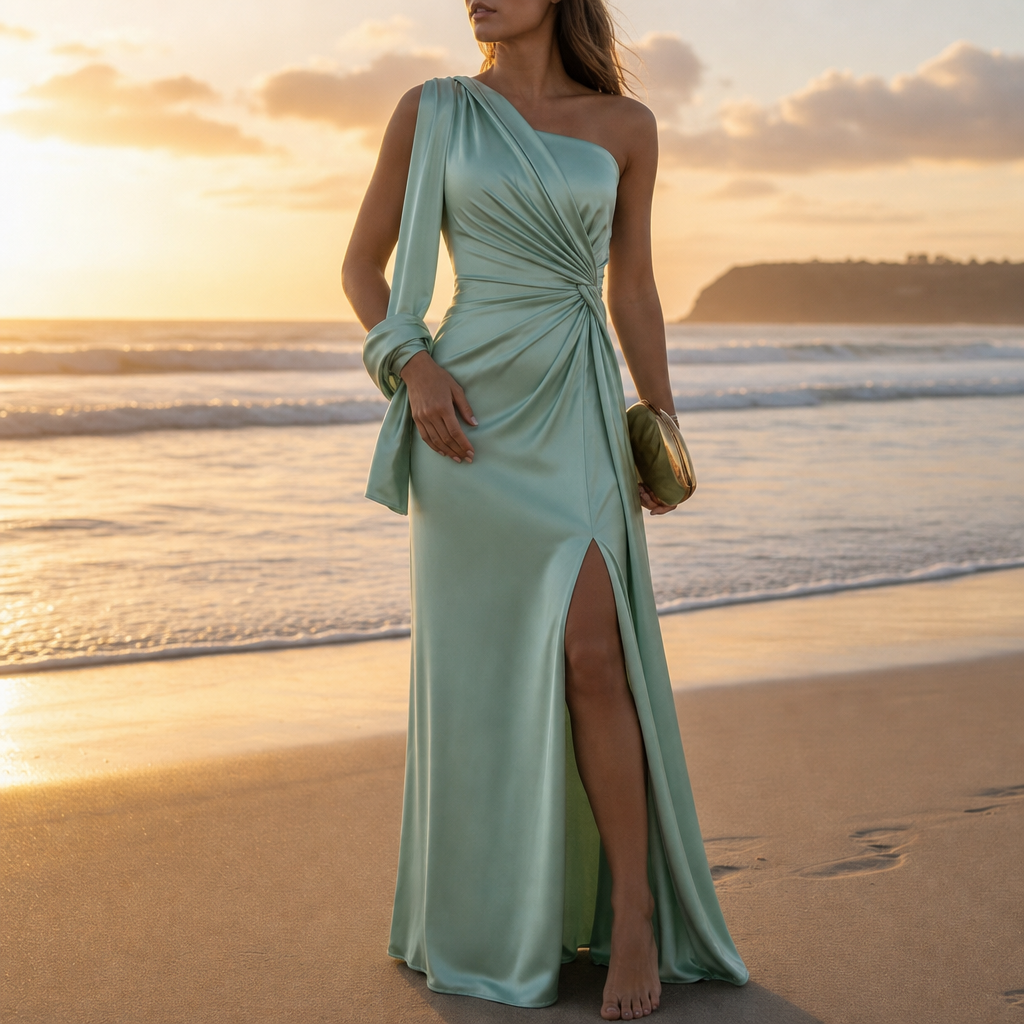 Ascoli One Shoulder Satin Dress in Mint Green