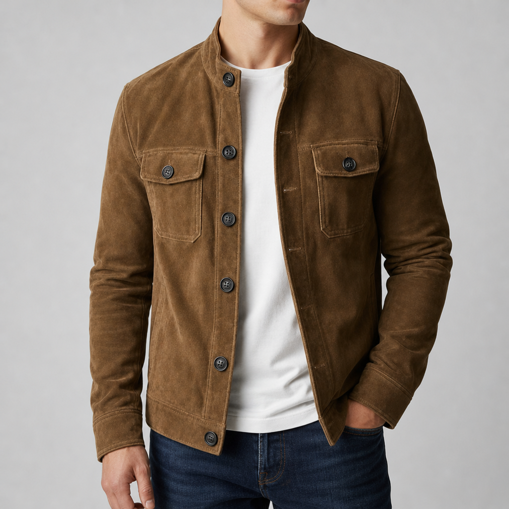 Assisi Suede Stand Collar Jacket in Brown