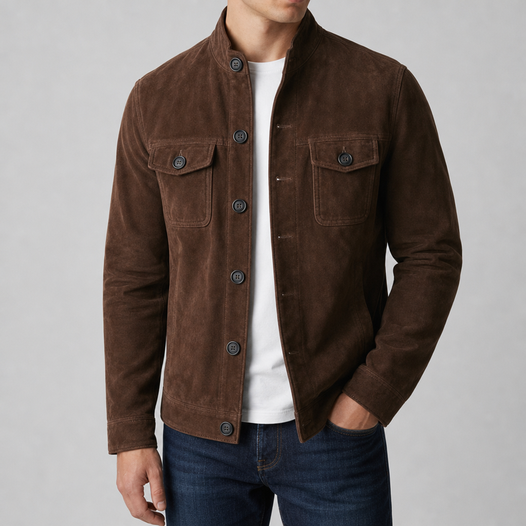 Assisi Suede Stand Collar Jacket in Dark Brown