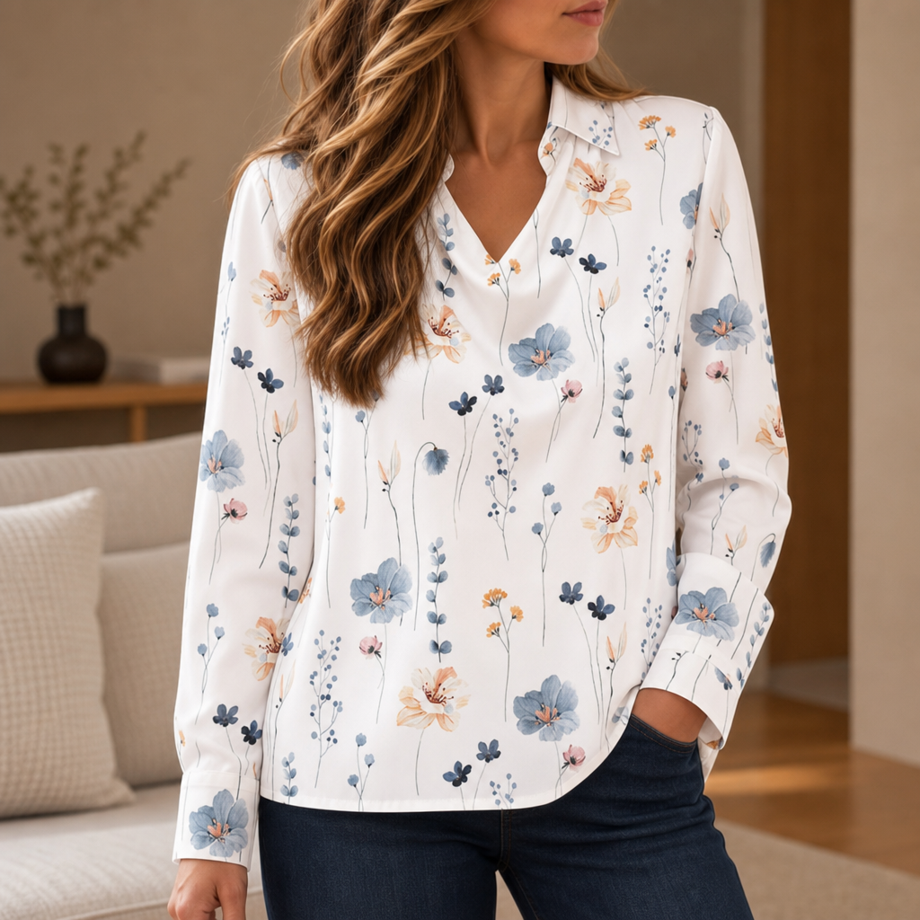 Astypalaia Draped Neckline Satin Blouse in Printed White