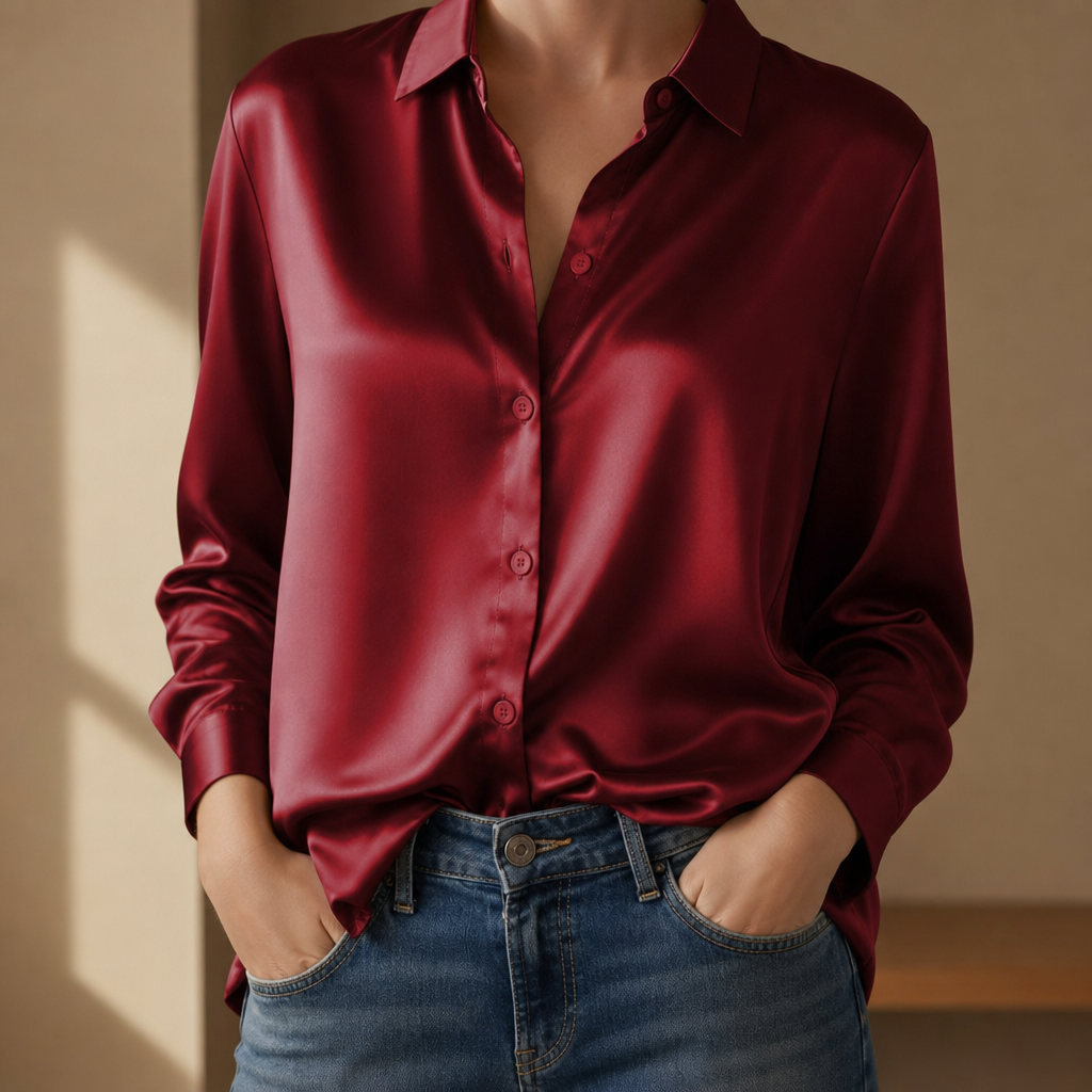 Begur Satin Button-Down Blouse in Win