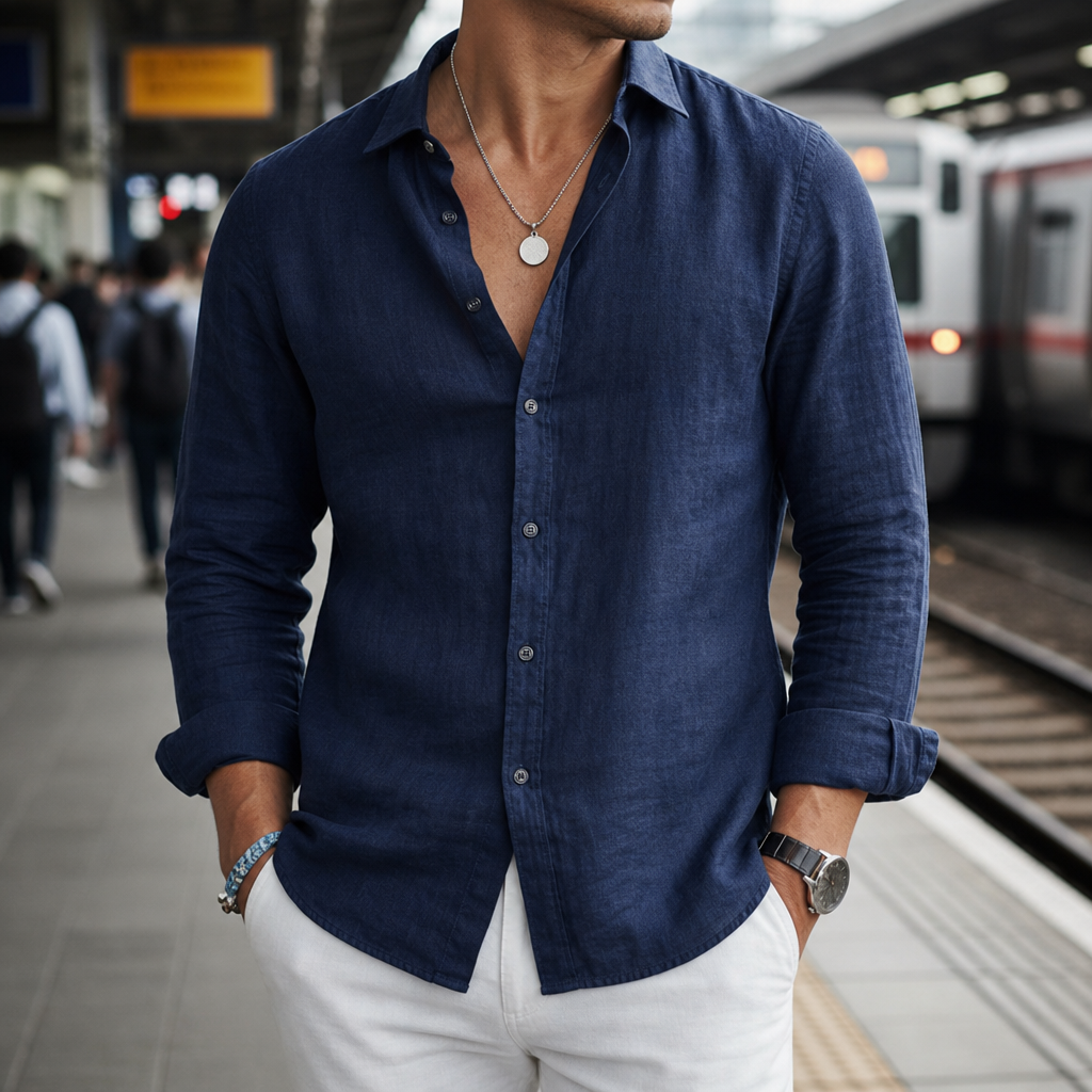 Biot Linen Button-Front Shirt in Navy Blue