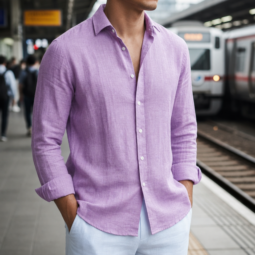Biot Linen Button-Front Shirt in Purple