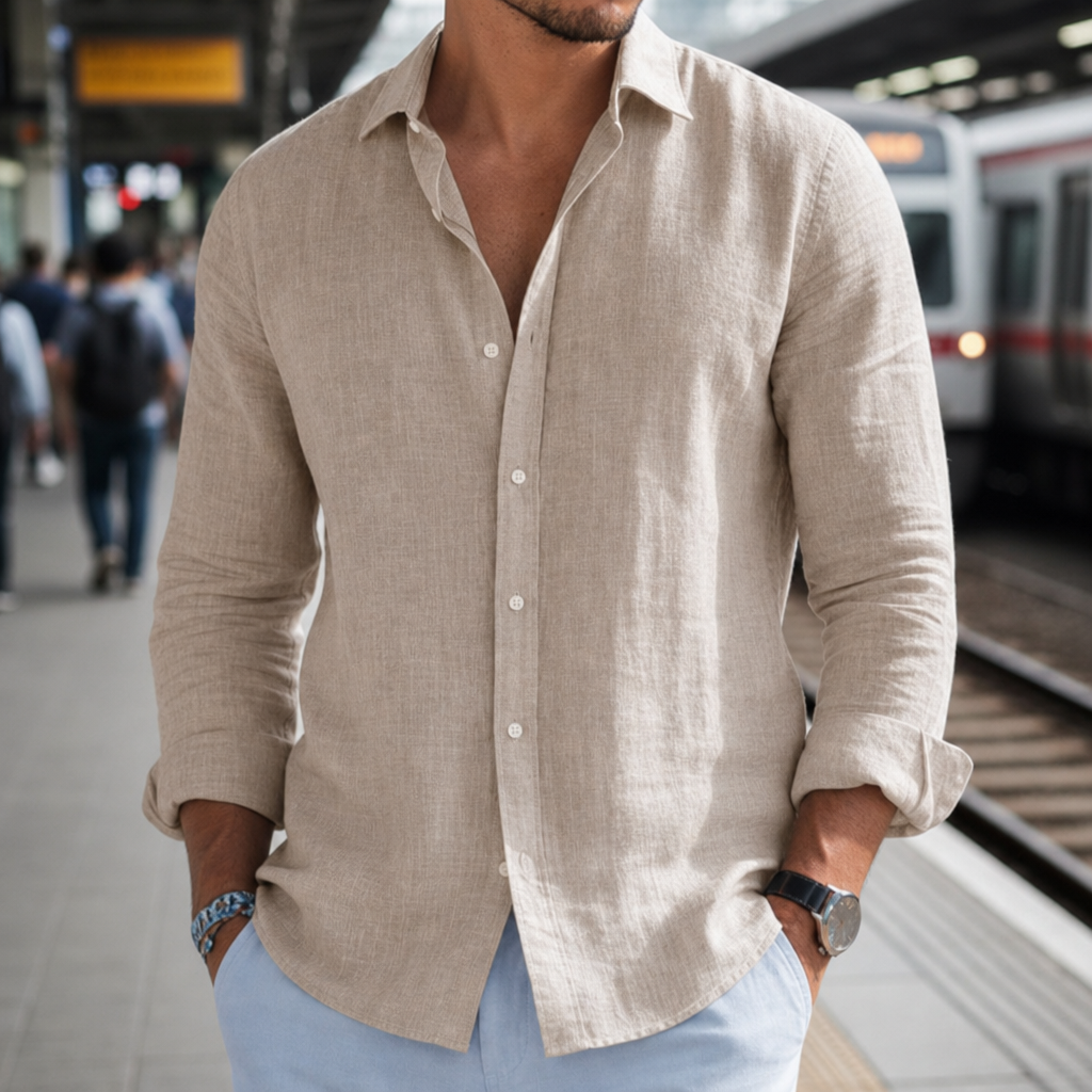 Biot Linen Button-Front Shirt in Khaki
