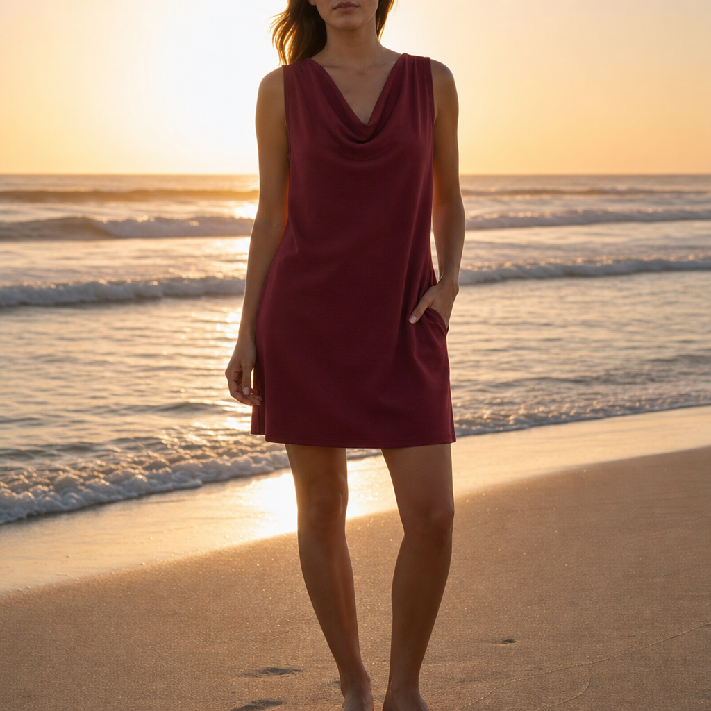 Cadaques Cowl Neck Pocket Mini Dress in Red