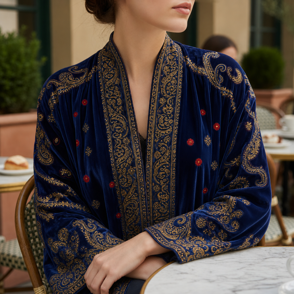 Comporta Boho Velvet Kimono in Midnight Blue