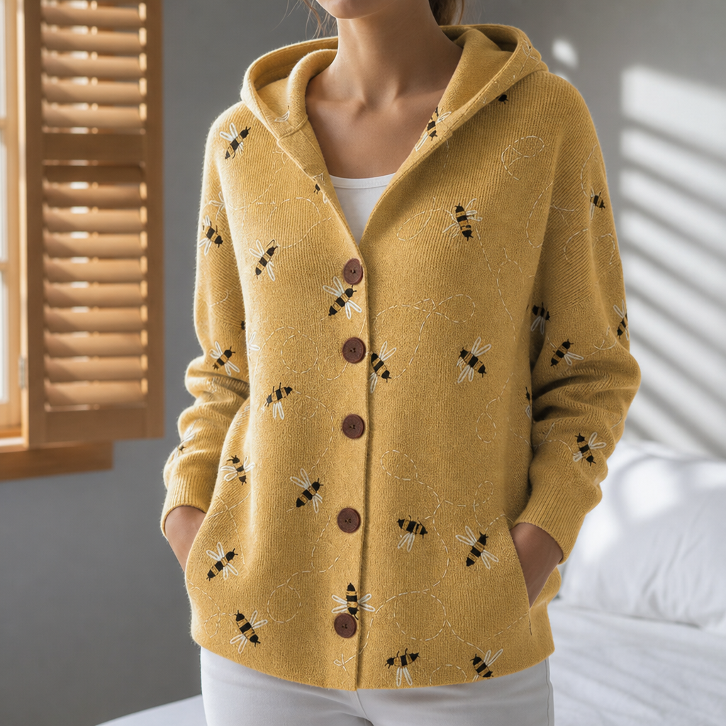 Corte Abstract Print Hooded Cardigan in Yellow