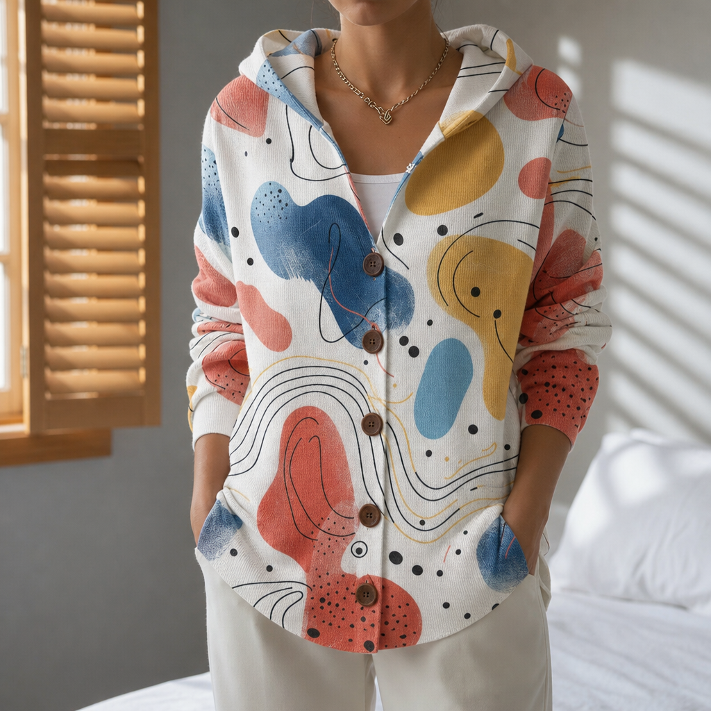 Corte Abstract Print Hooded Cardigan in Beige