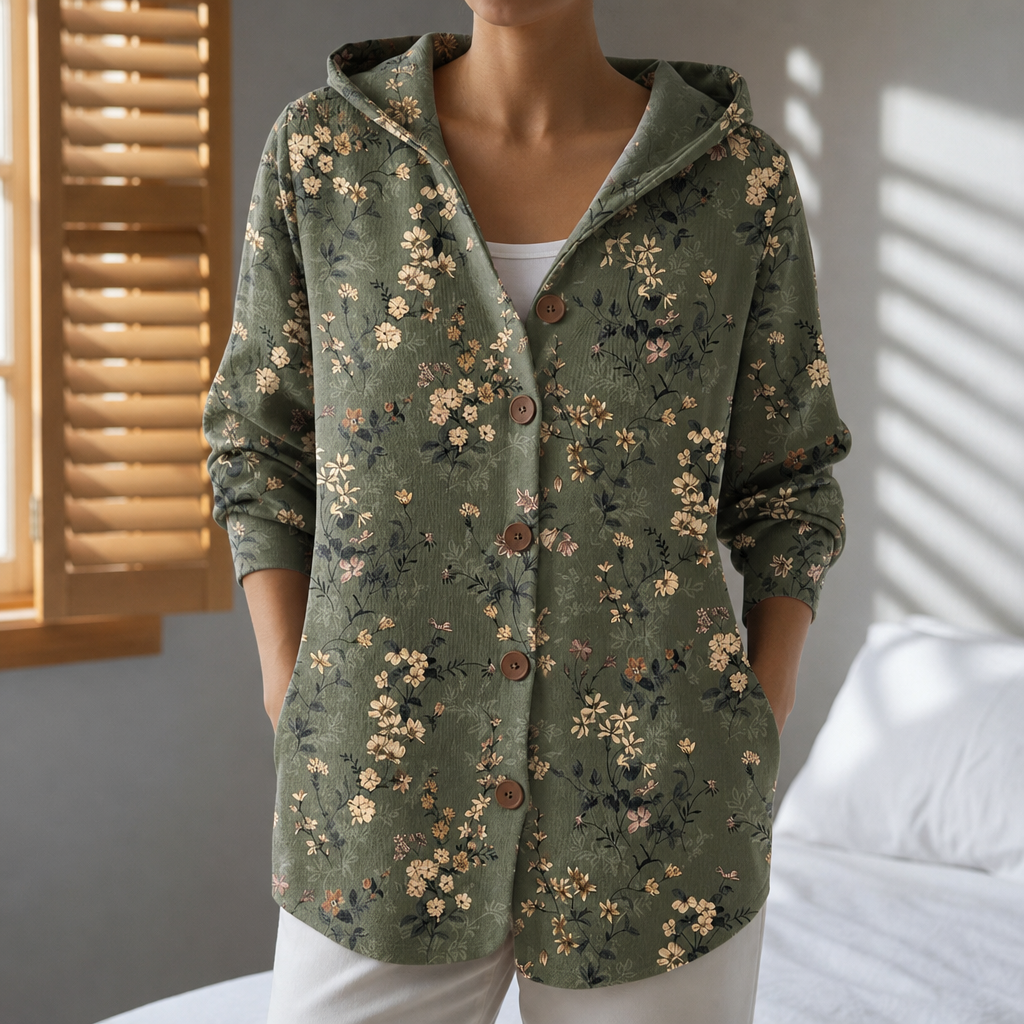 Corte Abstract Print Hooded Cardigan in Dark Green