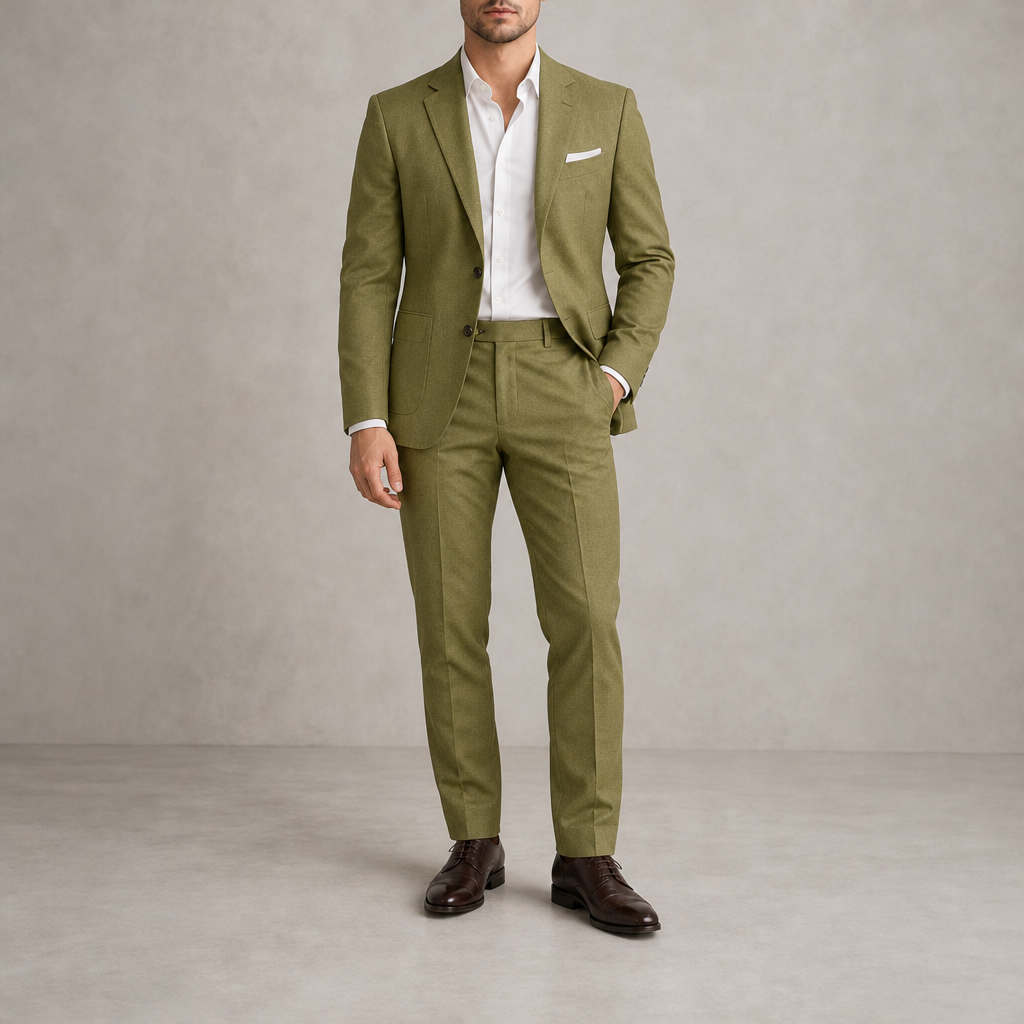 Delphi Notch Lapel Tan Suit in Green