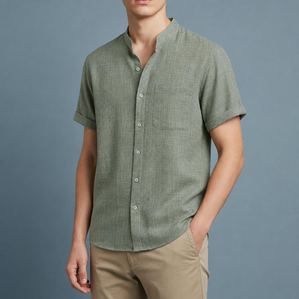 Elounda Collarless Linen Shirt in Emerald Green