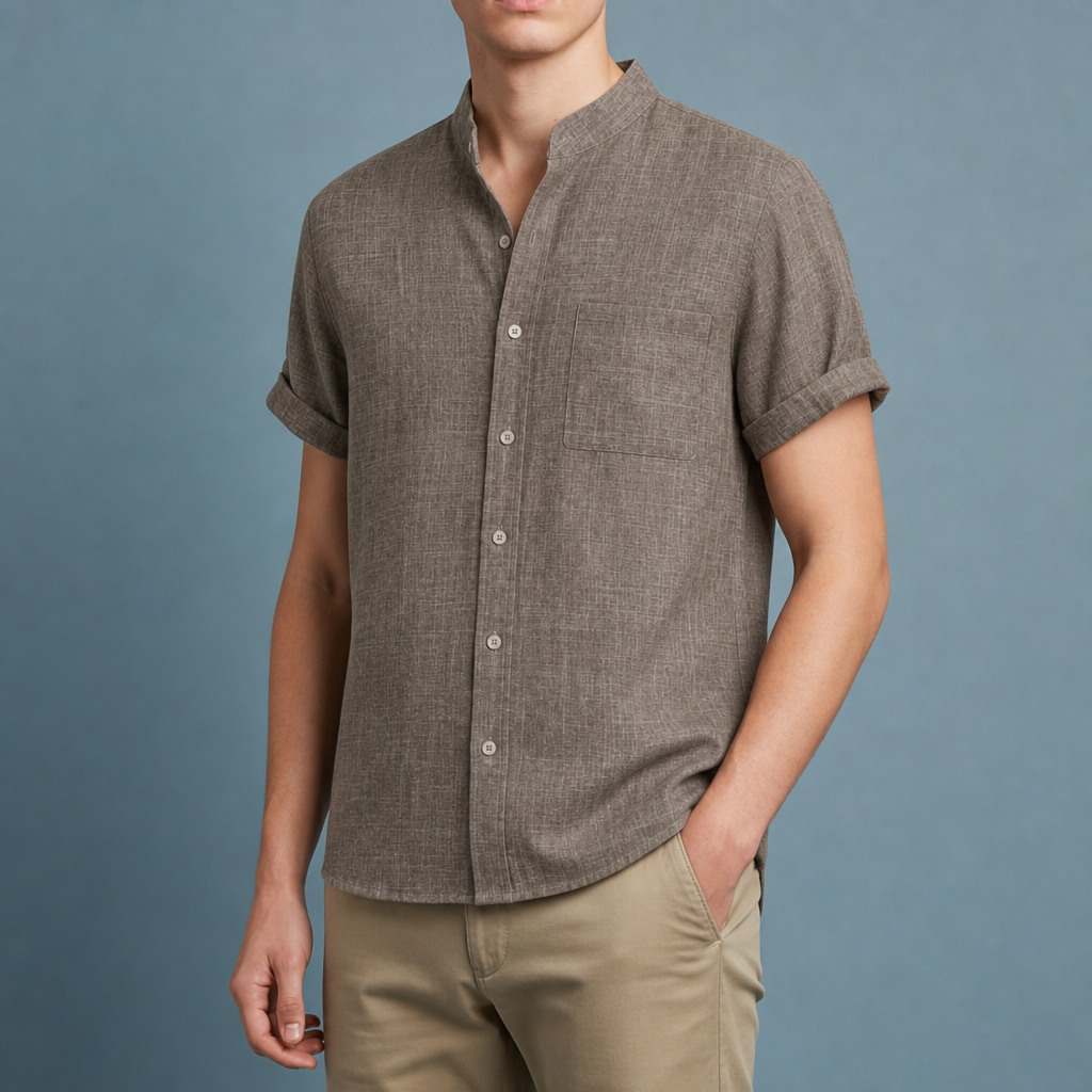 Elounda Collarless Linen Shirt in Coffee
