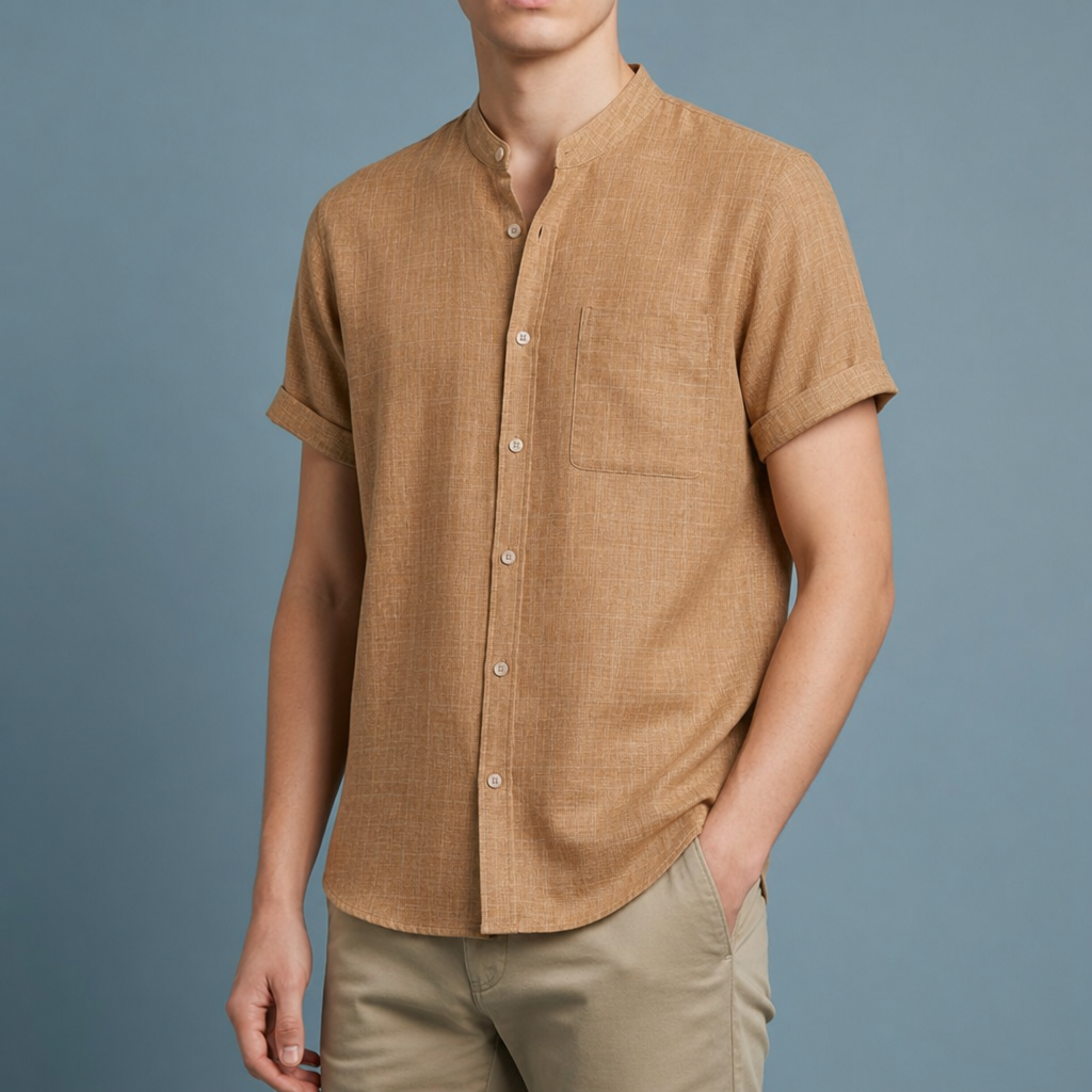 Elounda Collarless Linen Shirt in Pine Brown