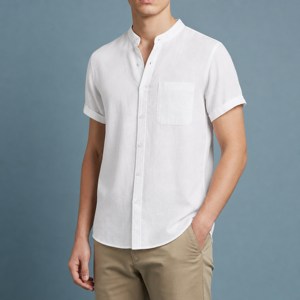 Elounda Collarless Linen Shirt in White