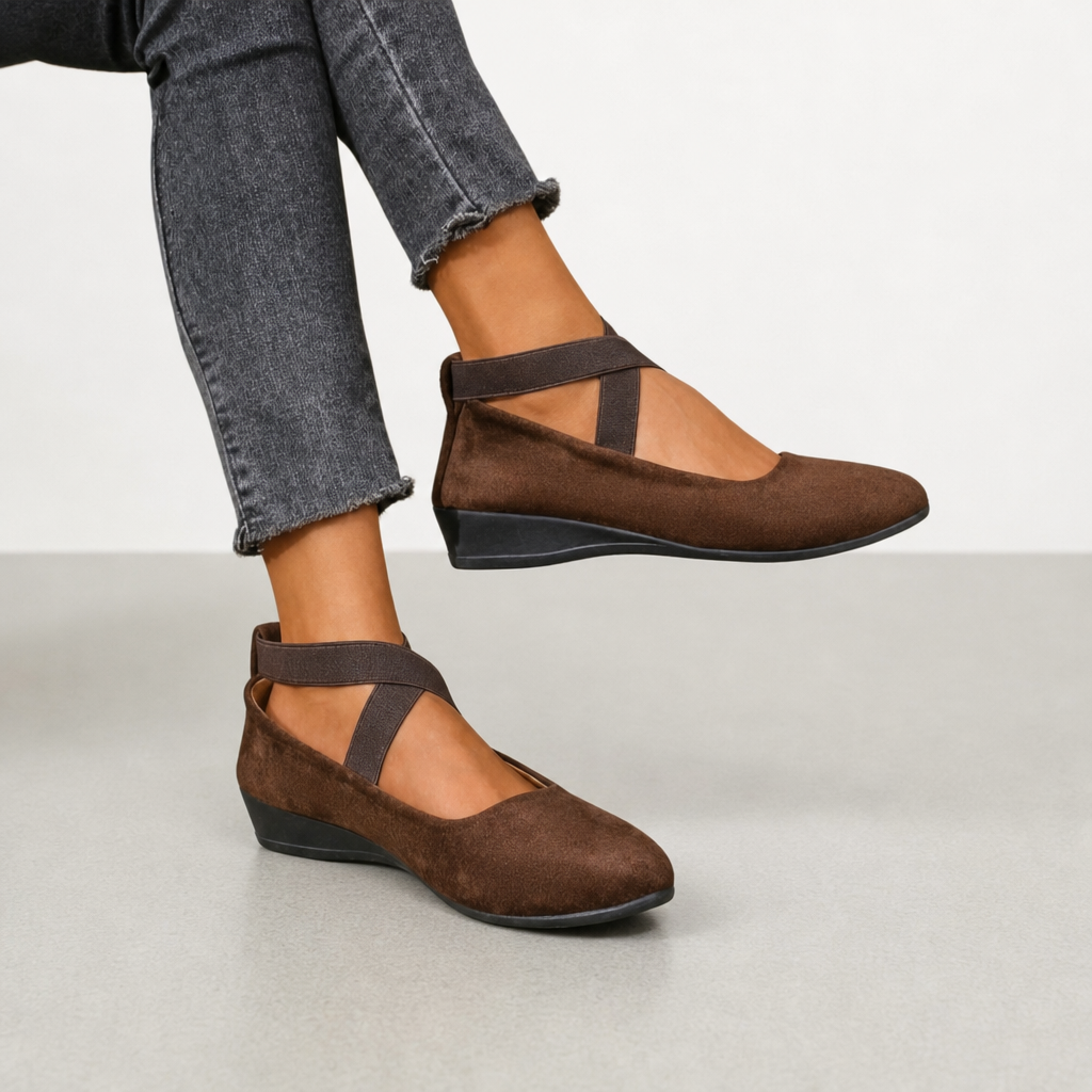 Elvas Orthopedic Cross Strap Ballet Flats in Brown