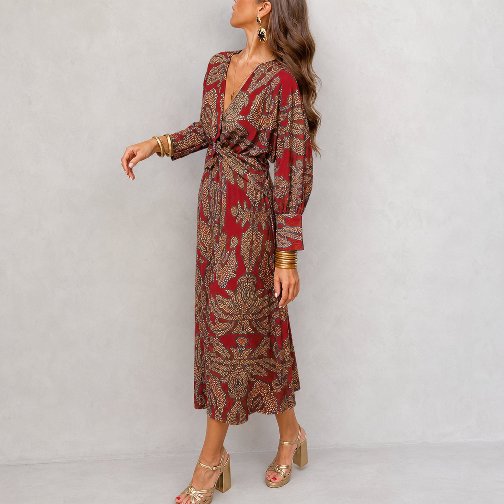 Erice Printed Twist-Front Midi Dress in Red