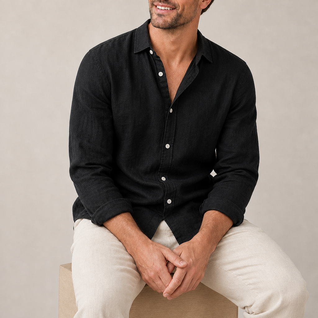 Estepona Linen Button-Up Shirt in Black