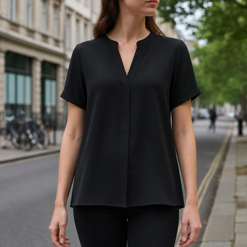 Granada V Neck Short Sleeve Blouse in Black