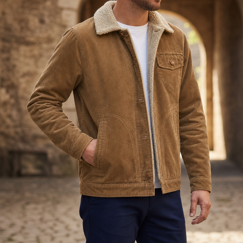 Lefkada Sherpa Lined Corduroy Jacket in Coffee